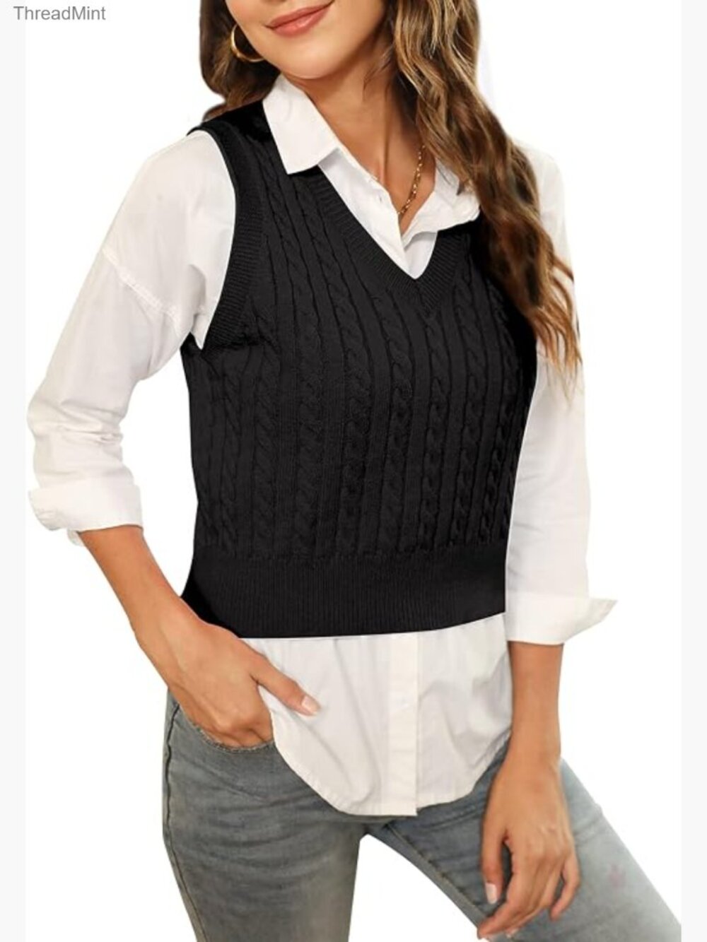 Women's Knitted V-Neck Vest Argyle Plaid Preppy Sleeveless Crop Sweater Vest